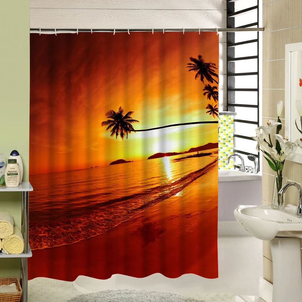 Beach Scenery Shower Curtain Fabric 3D Waterproof Polyester Bathroom Curtain with 12 Hooks Set