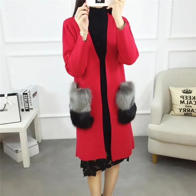 2017 Fashion Women Winter Cardigan V-neck Solid Faux Fur Pocket Female Thicken Sweaters Loose Plus Size Autumn Outwear |