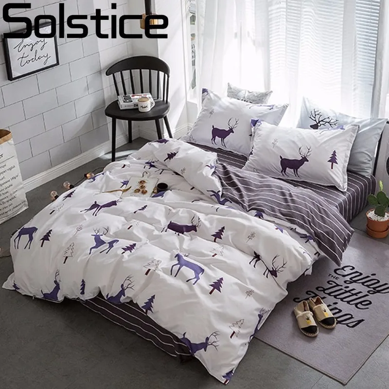 Billige Solstice Stilvolle Cartoon Weihnachten Elch Striped Stern Stil 3 4 stücke Bettwäsche Set Enthalten Bettbezug Bettlaken Kissenbezug bettwäsche