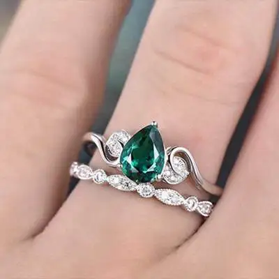 Huitan, Модный комплект из 2 предметов, свадебные наборы колец для женщин, изящные кольца в форме капли с зеленым кубическим цирконием, роскошные обручальные кольца, наборы - Цвет основного камня: Зеленый