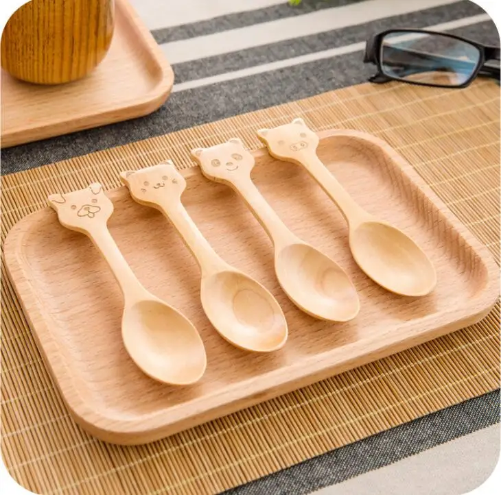 

100% Natural Wood Mini Spoon For Children Cute 4 Styles Animal Model Wooden Spoon Environmental Protection Tableware Free Ship