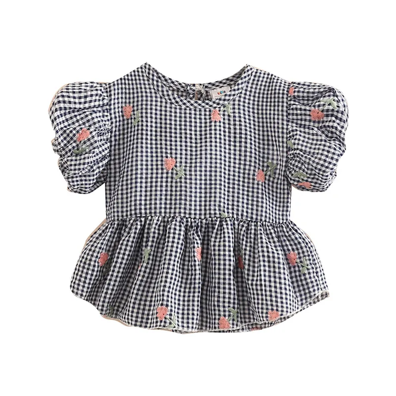 Baby check baby shirt 2019 summer new girl children's children's bubble sleeve shirt