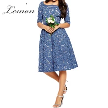 Lemon Lace Blue Sexy Slim A Line Dress Floral Print Half Sleeve Lace Midi Dress High Elastic Waist Party Dress Wedding Vestido