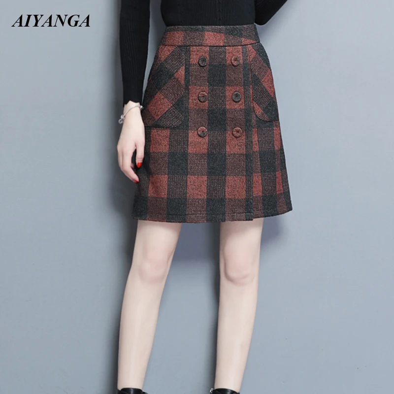 

2018 Fashion Woolen Plaid Skirts Women Warm High Waist Skirts Ladies Autumn Winter Pockets Short Style Female A-Line Skirt