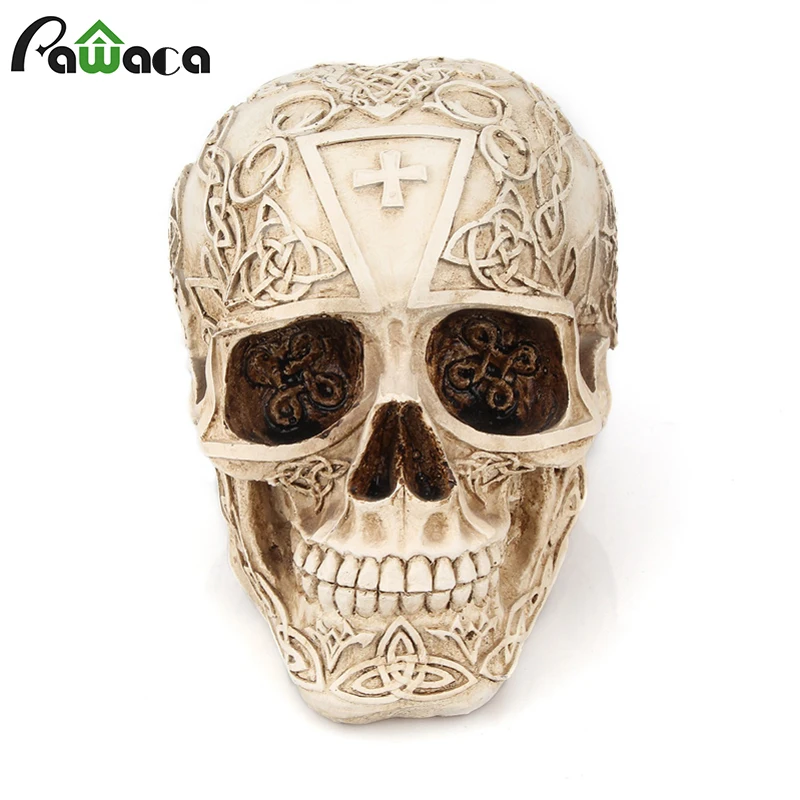 

New Cross Pattern Carving Skull Head Figurine Ornaments Resin Skull Statue Sculpture Craft Halloween Party Home Desk Decoration