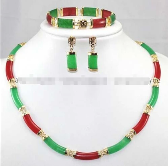 

FREE SHIPPING>>@> Free shippingReal Red & Green Jade Link Necklace Bracelet earrings Set AAA Natural jewelry