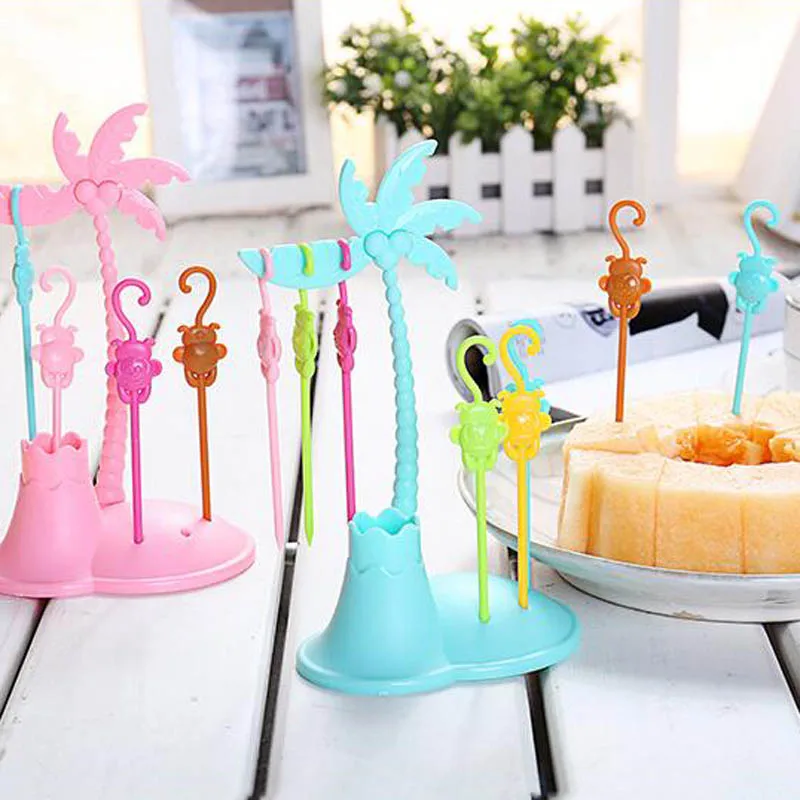 FHEAL Cute Coconut Tree Monkeys Creative Fruit Fork Set Plastic Fruit Forks Vegetable Fruit Dessert Fork Set Toothpick Holder (8)