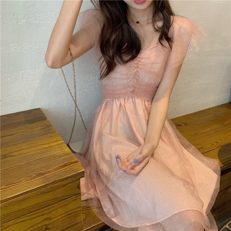 mesh summer Women's Clothing dresses pink sweet style mesh A-Line dress ruffles Korean fashion brands new robe femme ete 2019