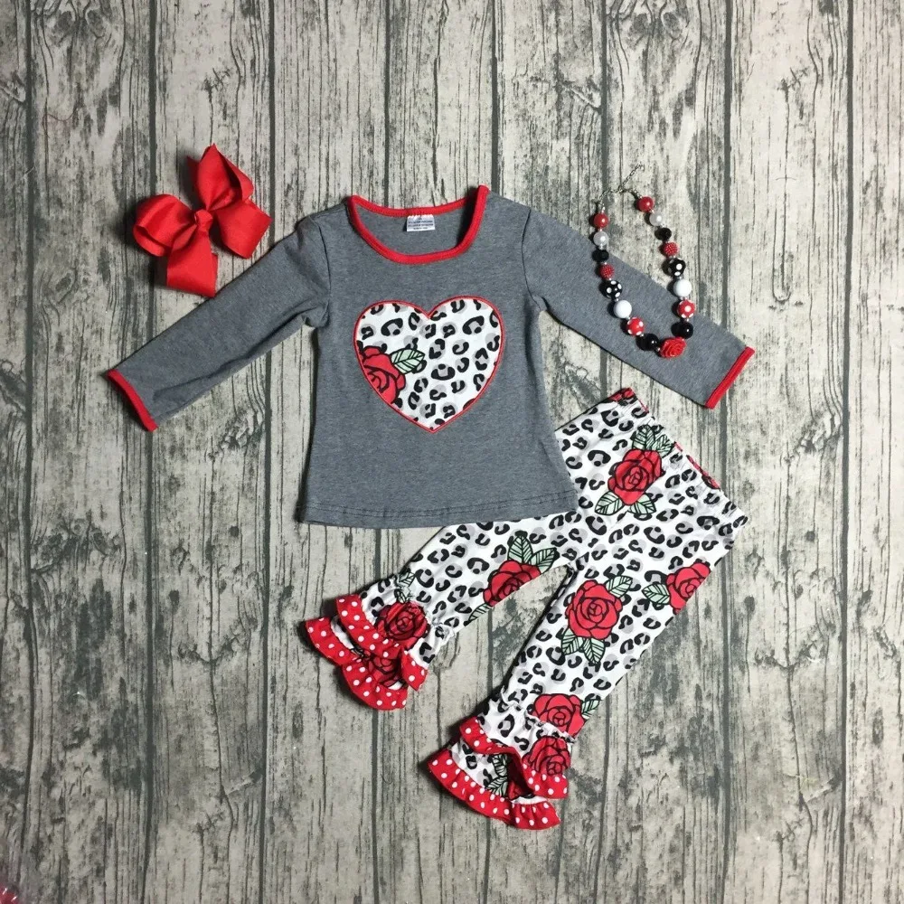 

Valentine's day baby girls children clothes boutique cotton ruffles grey love heart leopard outfits match accessories kids wear