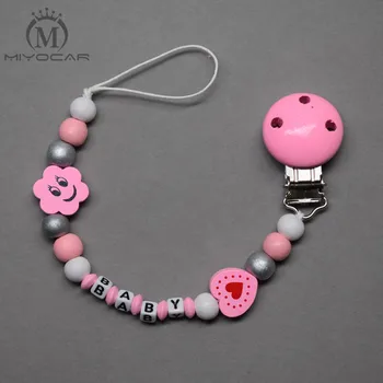 

MIYOCAR CUSTOM Any name smile sun wooden beads with pink heart dummy clip holder pacifier clip soother chain teether clip