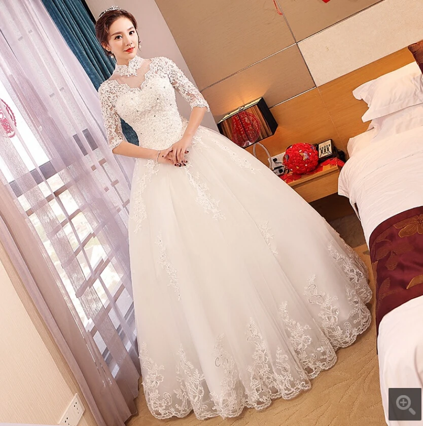 Robe de soiree, бальное платье, белое кружевное свадебное платье с аппликацией, высокий ворот, открытая спина, сексуальный корсет, расшитый бисером, свадебные платья