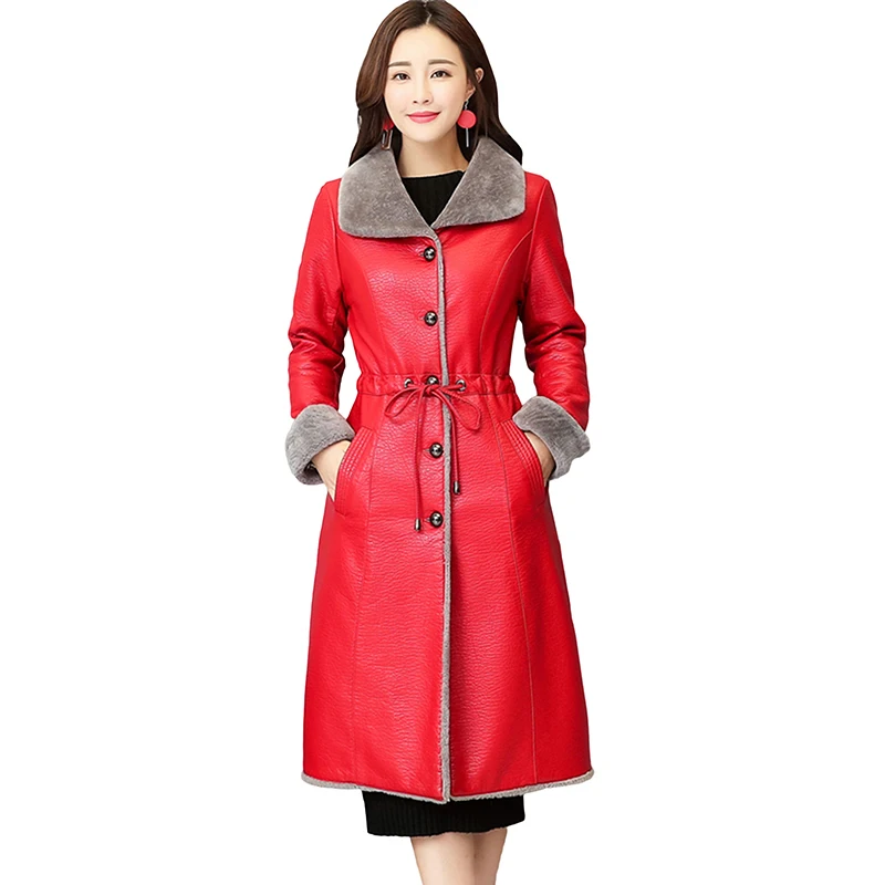 

2018 Winter New Long Leather Jackets Lamb Fur Plus Size Velvet Thick Coats Women Warm Leather Outerwear Fashion Elegant Parkas