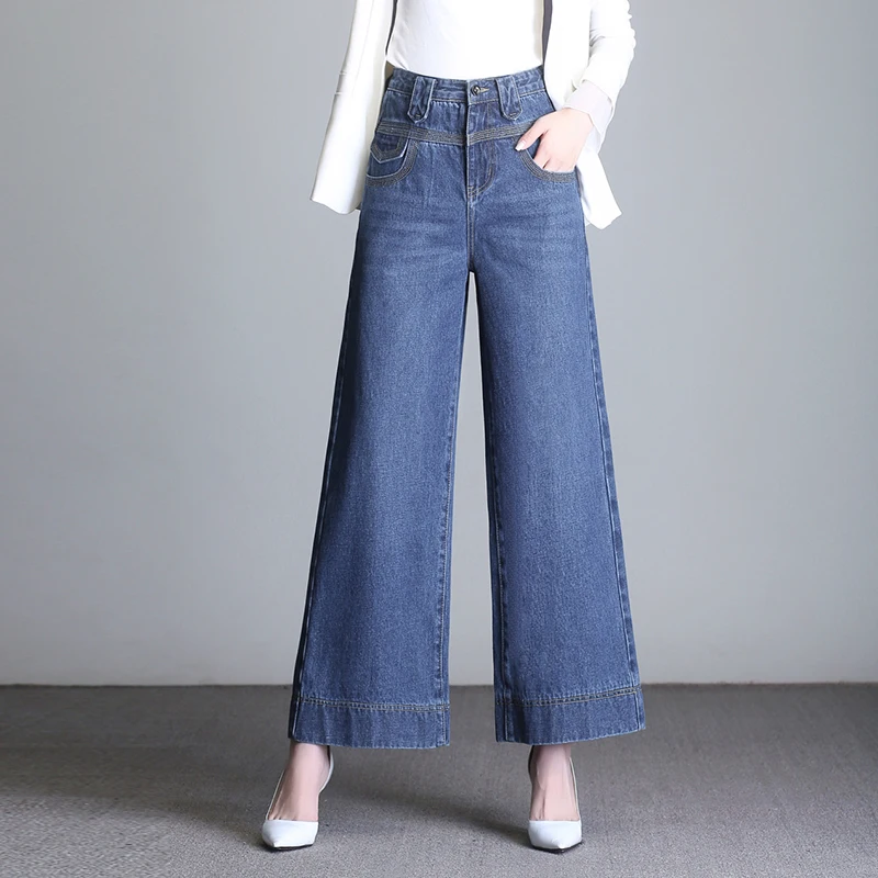 Новые модные широкие женские джинсы, повседневные Капри с высокой талией, большие размеры, смесь хлопка, осень, весна, синий, черный цвет, hoj0807