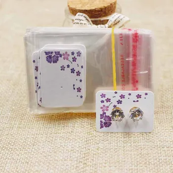 

3.5*2.5cm pearl white cute Stud earring Hang tag card beautiful flower print Jewelry packing Card 100pcs with 100 plastic bag