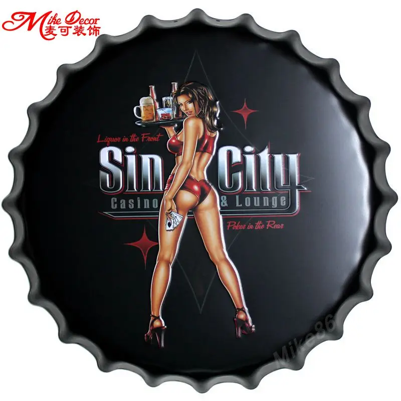 

[ Mike86 ] Sin City Bottle Caps Metal Plaque Vintage Souvenir Party Hotel Casino lounge Wall Decoration 40 CM BG-68