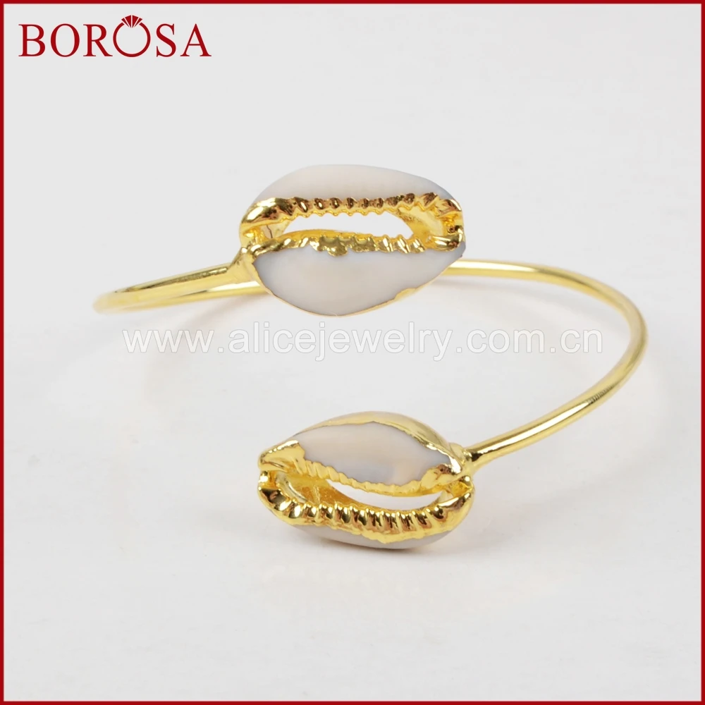 

BOROSA 1Piece New Arrival Gold Color Natural sea cowrie shell Bangle Double Shell Adjustable Bangles for Women Gems G1283