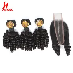 HairUGo Funmi человеческие волосы парики пучки с закрытием 2*6 кружева закрытие бразильский Remy двойной узел для волос натуральный черный