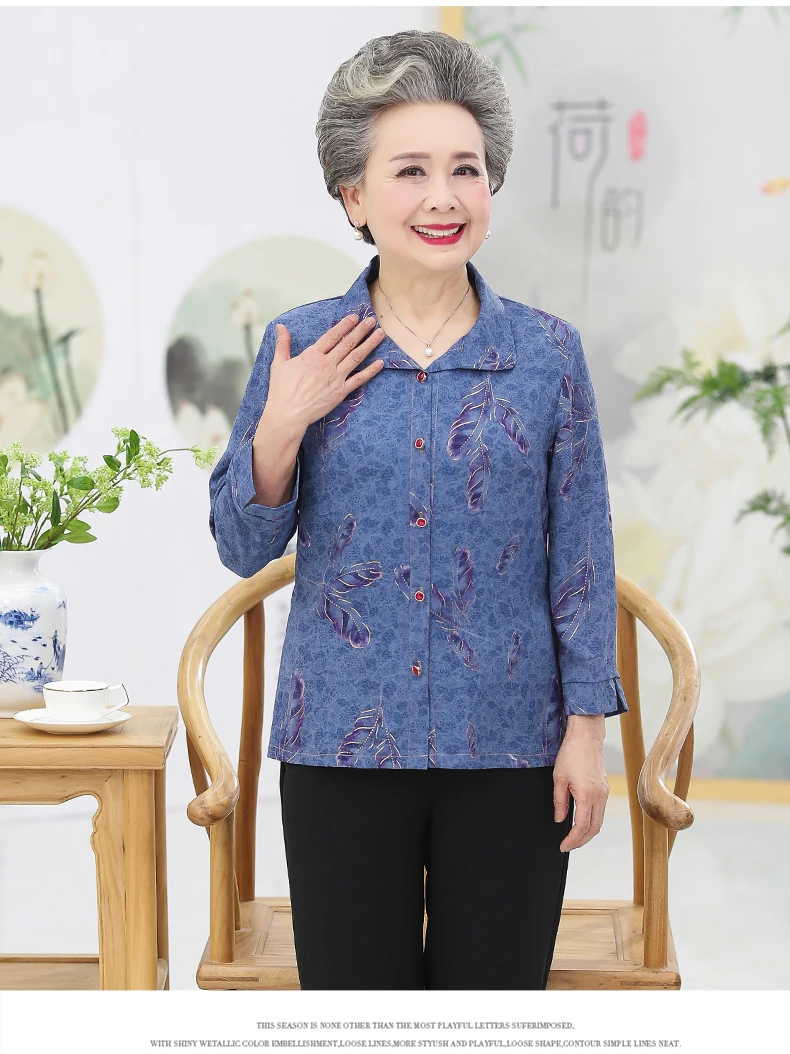 Elderly Women Casual Shirts Red Blue Feather Pattern Blouses Female Spring Autumn Tops Gold Stamping Shirt Mother Grandma Blouse (10)