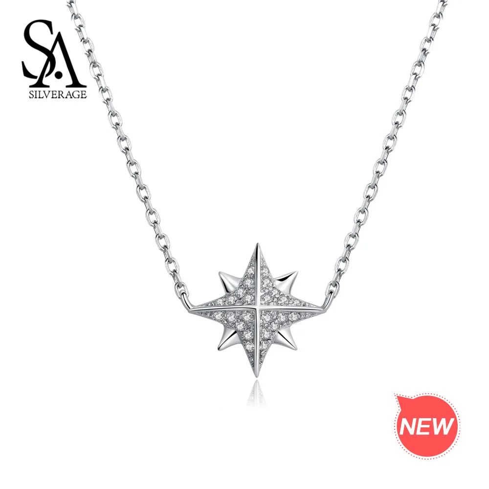 SA SILVERAGE Real 925 Sterling Silver Star Necklaces/Pendants AAA Zirconia Choker Necklace 925 Sterling Silver Necklaces Gift