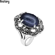 Oval Sequins Blue Stone Rings For Women Vintage Look Antique Silver Plated Rhinestone Plum Flower Fashion Jewelry TR691