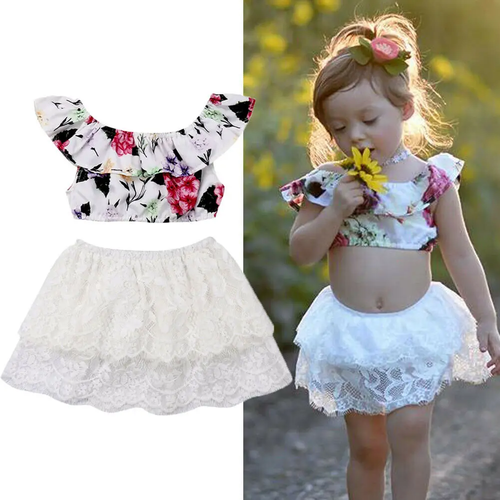 2019 Floral Toddler Baby Kids Girls Clothes Off-shoulder Crop Tops Skirts 2pcs Outfits Summer | Детская одежда и обувь