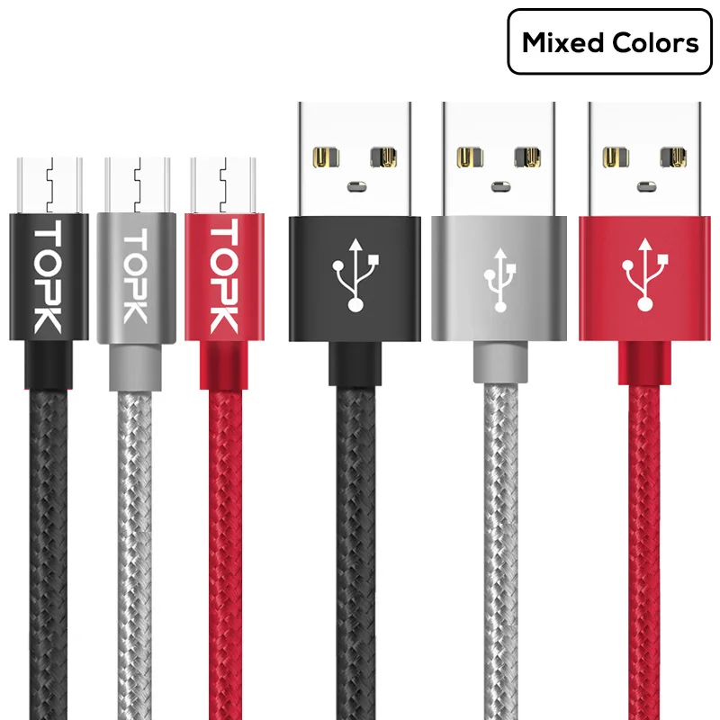 TOPK [3-Pack] Micro USB кабель в нейлоновой оплетке для синхронизации данных и зарядки USB кабель для samsung Xiaomi huawei Microusb Android устройства - Цвет: 1 Black 1 Red 1 Gray