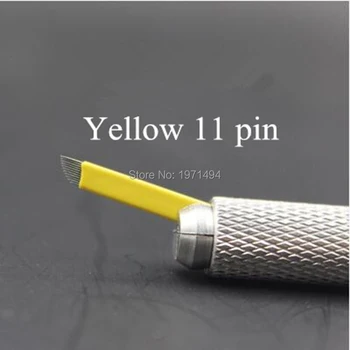 

New arrival yellow curved microblading needles 11pin 100pcs/lot for permanent makeup disposable sterile embroidery tattoo pen