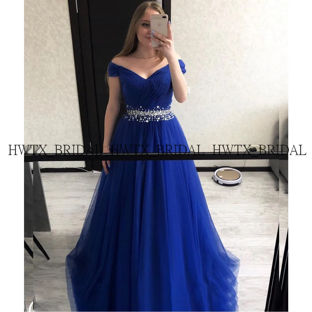 

Royal Blue Tulle Prom Dresses 2020 Plus Size A-Line Off the Shoulder Crystal Waist Long Dress Women Formal Gown Vestidos de gala