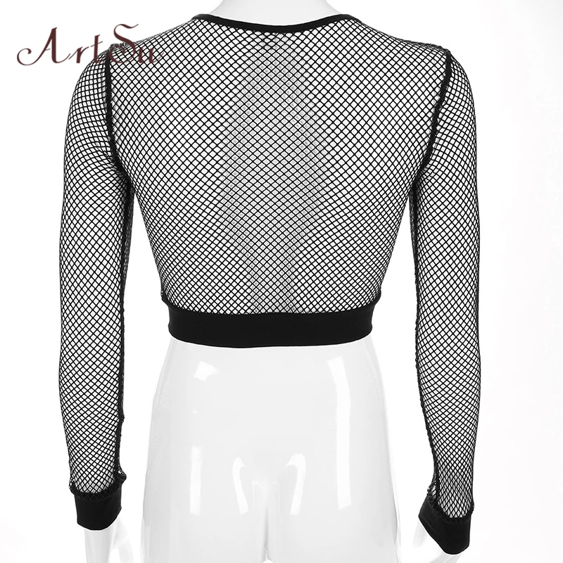 ArtSu Fall Mesh Top Sexy Clubwear Long Sleeve Hollow Out Crop Top Fishnet Black Womens Tee Shirts T-shirt Femme ASTS20498