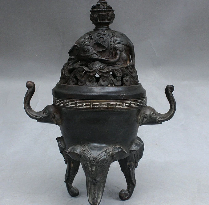 

8" Old China Royal Bronze Auspicious Elephant Trunk Tripod Incense Burner Censer