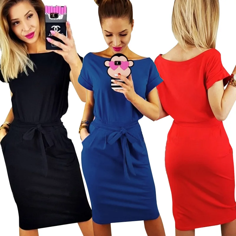 

2019 Women Summer Short Sleeve Solid Party Dress Loose Straight Fashion Pockets Elegant Lace Up Casual Vintage Dresses Vestidos