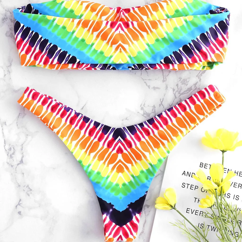 

Sexy Bandeau Swimwear 2018 Summer Beach Double-sided Floral Printed Swimsuit Women Rainbow Bathing Suits Monokinis Swimming Suit