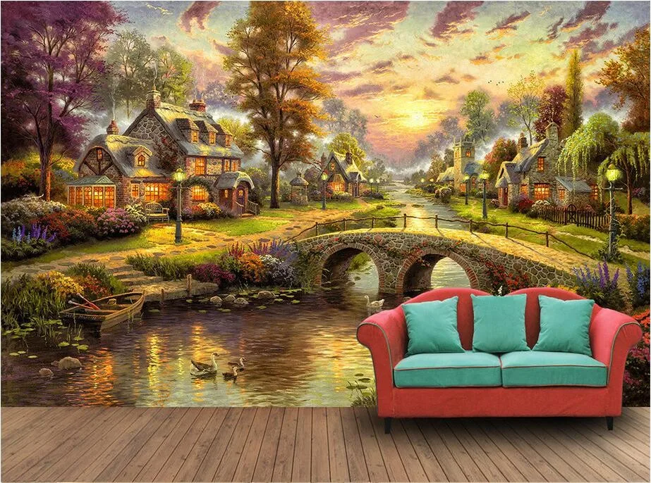 Пользовательские фото 3d обои нетканый настенные ручная роспись Village лес Ночной пейзаж картина маслом 3D настенные фрески обои