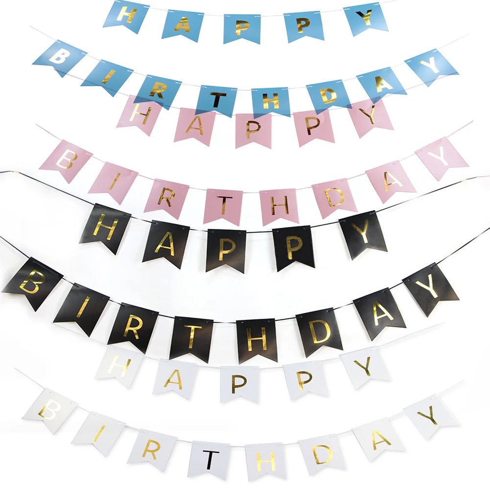 

Sunbeauty Happy Birthday Bunting Banner Gold Letters Hanging Garlands Pastel Pink String Flags Baby Shower Favors Party Decor