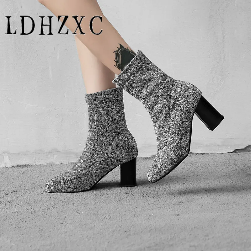 

LDHZXC 2019 Women Ankle Boots Sock Boots All Match Pointed Toe Square High Heel Slip on Women Boots Big Size 43 47 48