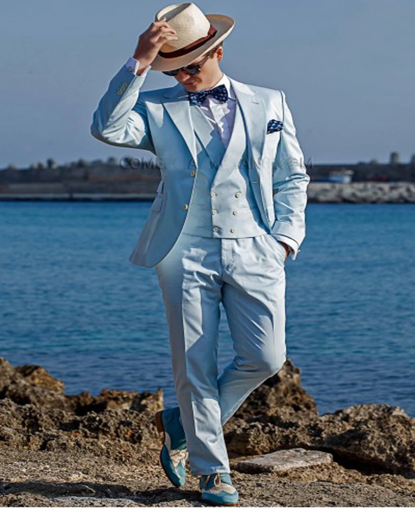 

2017 Fashionable One Button Groom Tuxedos Light Blue Groomsmen Mens Wedding Suits Prom Bridegroom Suit (Jacket+Pants+Vest)