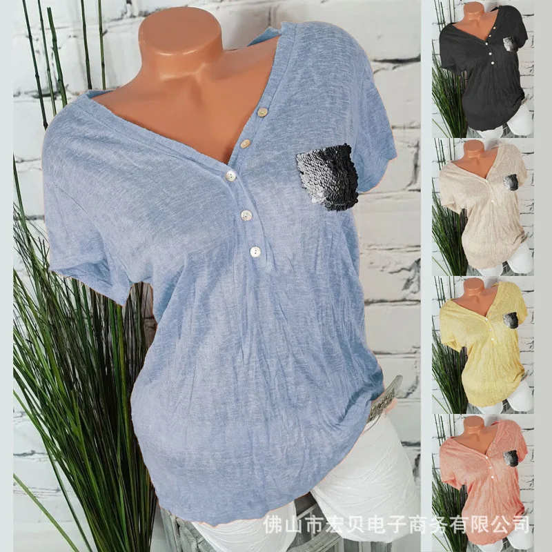

2019 new European and American large size T-shirt button sequin pocket short-sleeved T-shirt S-5XL