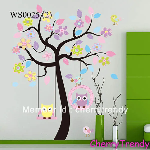 Colorful Owl Swing Tree Birds Flowers Nursery Wall Decor Decals Baby