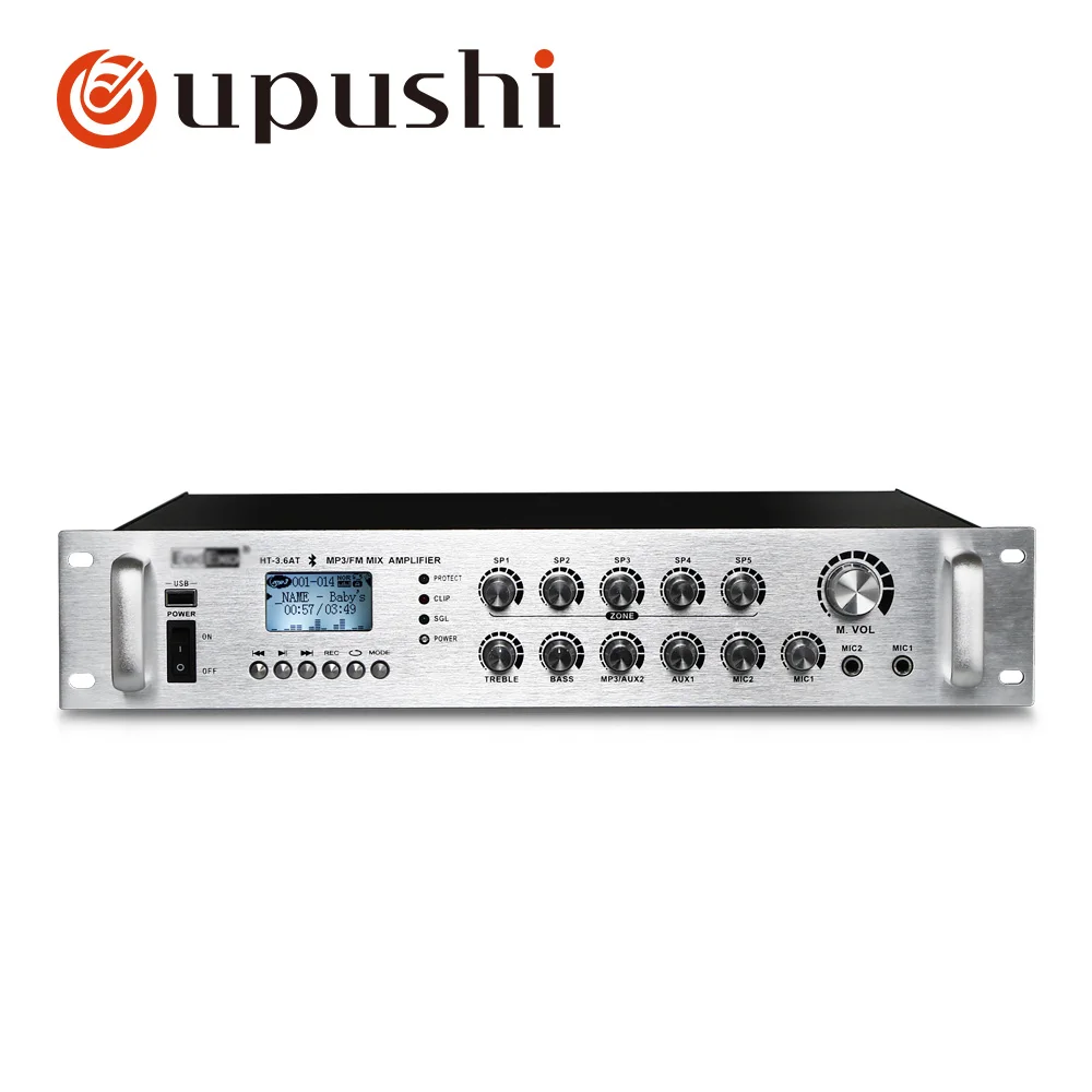 Oupushi bluetooth amplifier audio 120W 240W 360W USB SD card power amplifier 5 zone mixer digital stereo mplifier with speakers