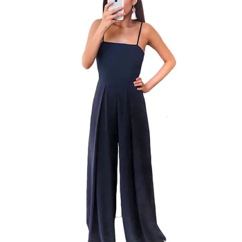 

2018 solid blue jumpsuits womens strapless spaghetti strap playsuits rompers backless bandage bowknot wide leg pants female set