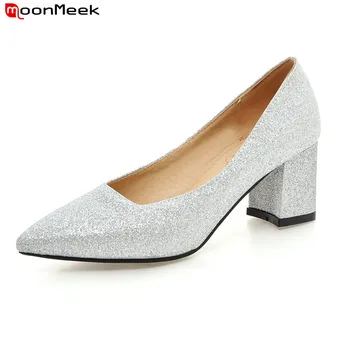 

MoonMeek spring summer high heels pointed toe slip on shallow square heel red black color pumps women shoes party shoes