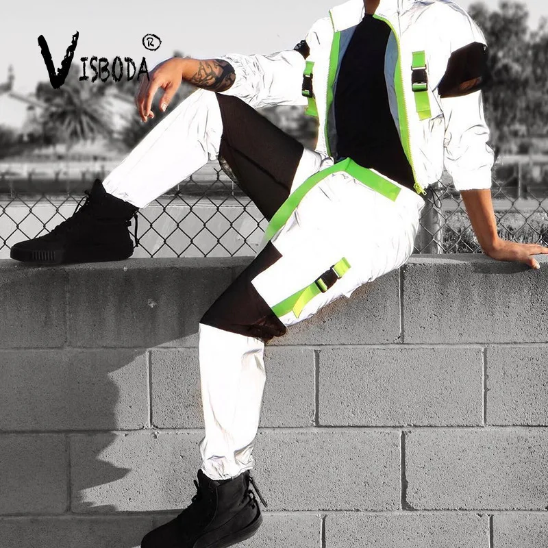 

Women Loose Baggy Trousers Fashion Female Reflective Shine Pants Mesh Sweatpants Pants With Belt Hiphop Dance Pants Plus Size