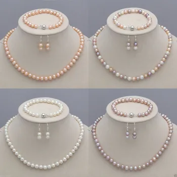 

Handmade 7-8mm white pink purple color freshwater pearl necklace bracelet earrings set fashion jewelry