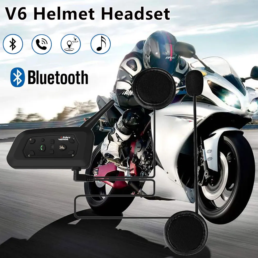 

High Power 2019 V6 1200m Intercom Headset Multifunction Waterproof Motorcycle Bluetooth Helmet Interphone for 6 riders GPS MP3