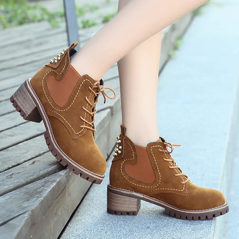 

Lucyever 2019 Spring Women Ankle Boots Round Toe Chunky Heels Ladies Western Boots Lace Up Chelsea Booties Botas Mujer Invierno