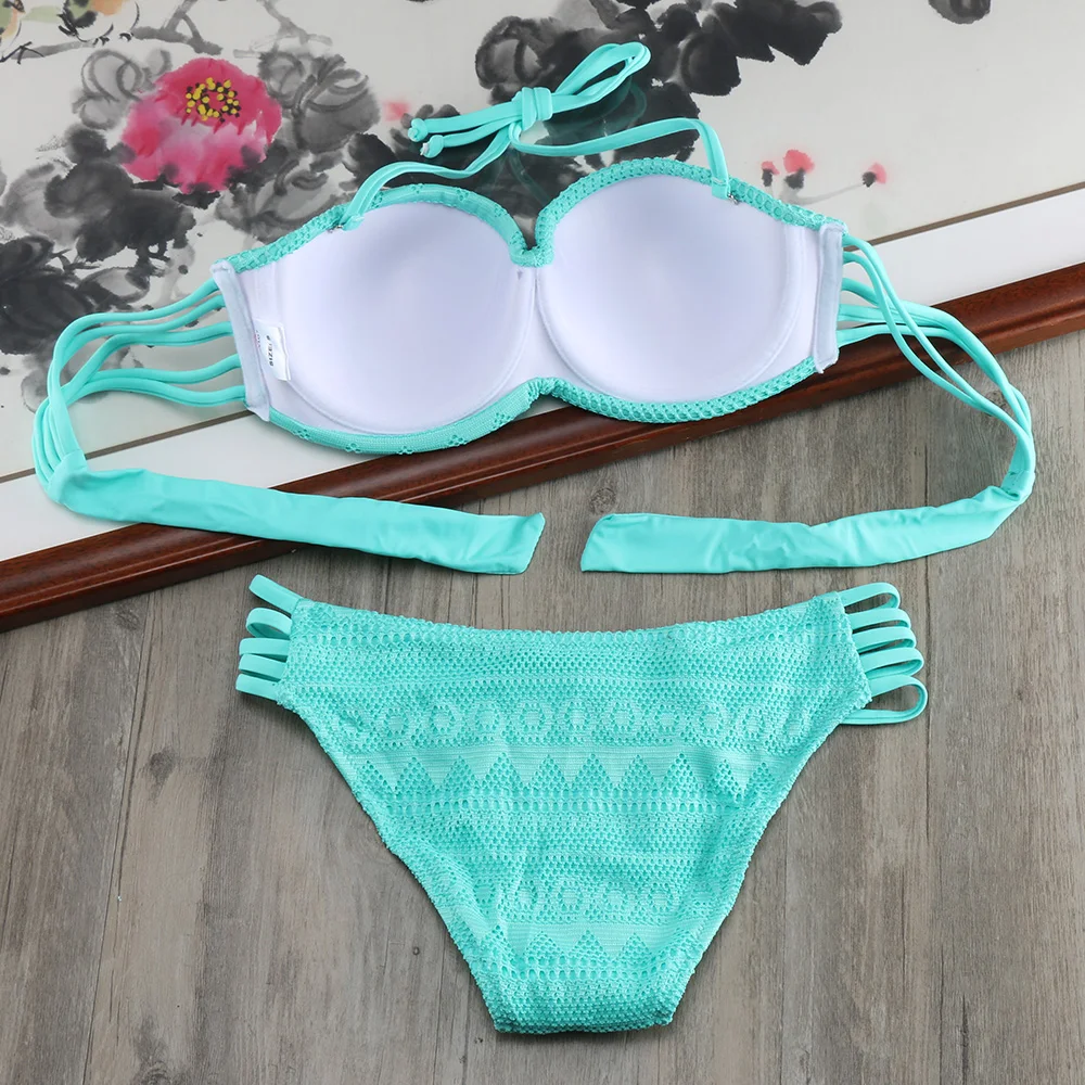Billige 2019 heißer Spitze Push Up Solide Bikini Set Cut Heraus Bademode Bandeau Bikinis Frauen Schwimmen Anzug Verdrahtete Bh Baden anzug E610