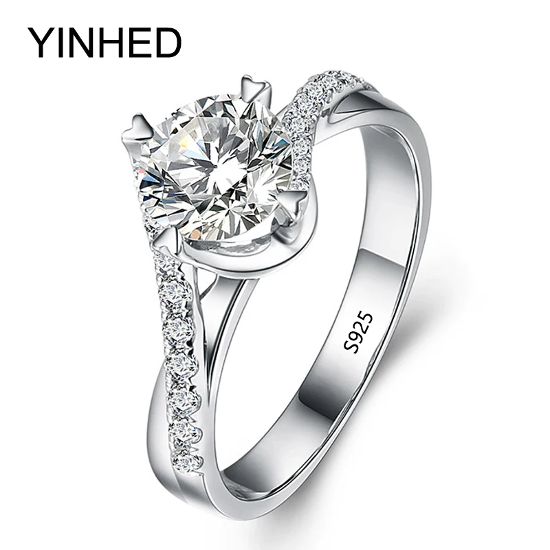 

YINHED Elegant Female Engagement Ring Original 925 Sterling Silver Jewelry 6mm Zircon CZ Diamant Wedding Rings for Women ZR359
