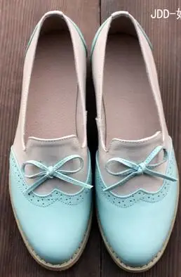 Модные тонкие туфли из натуральной кожи нубук в британском стиле; Туфли с круглым носком и бантом; женские броги ручной работы; оксфорды - Цвет: Blue  beige
