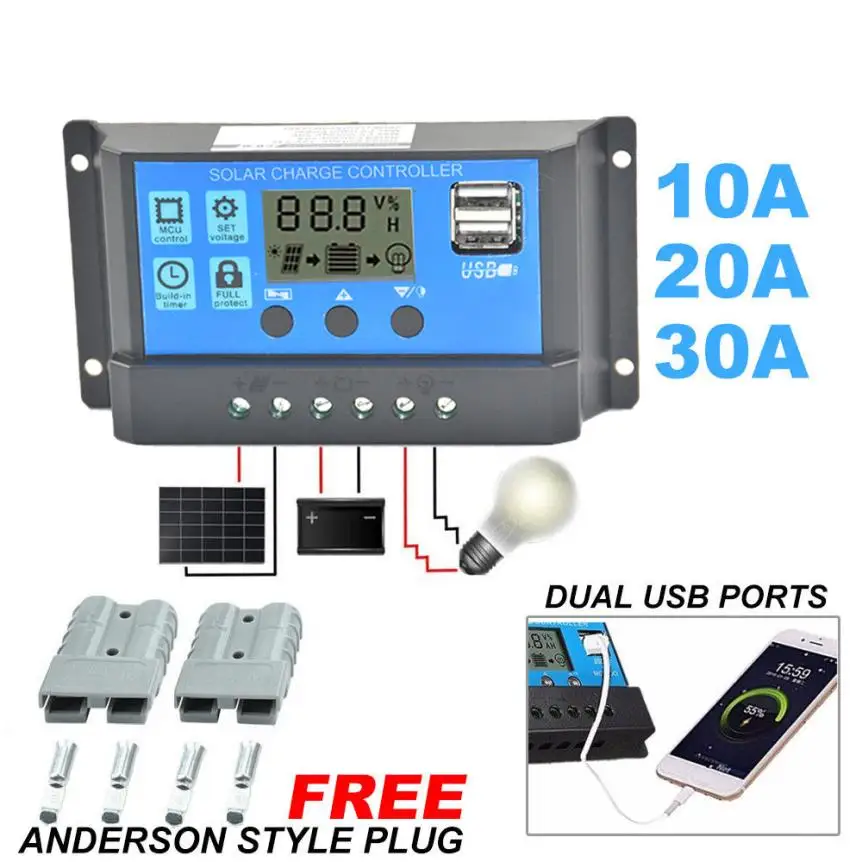

High quality Solar Panel Regulator Charge Controller USB 10A/20A/30A 12V-24V + Anderson Plugs drop shipping apr17