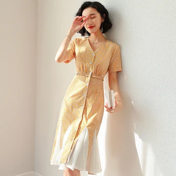 

2019 New Plaid Stitching Midi Dress Ukraine Fashionable Spliced Dress Elegant Vestido De Festa Office Lady Stylish Summer Dress